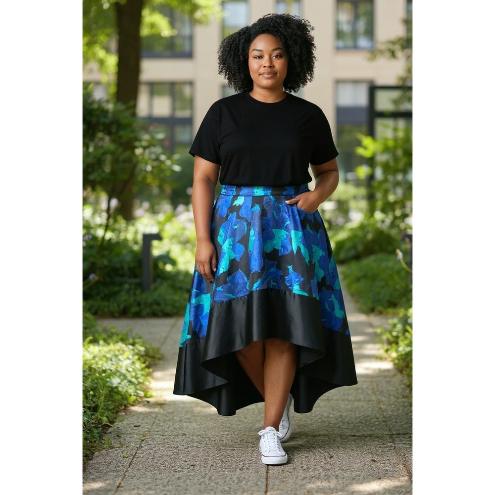 Abbey Glass Blue Teal Floral Print High Low Midi Skirt Size L - Picture 2 of 9